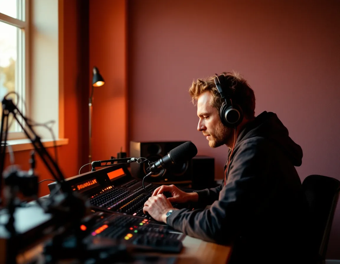 The Soundclave engineer at the console in late-afternoon light