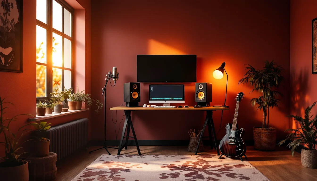 Wide view of the single-room Soundclave studio at golden hour